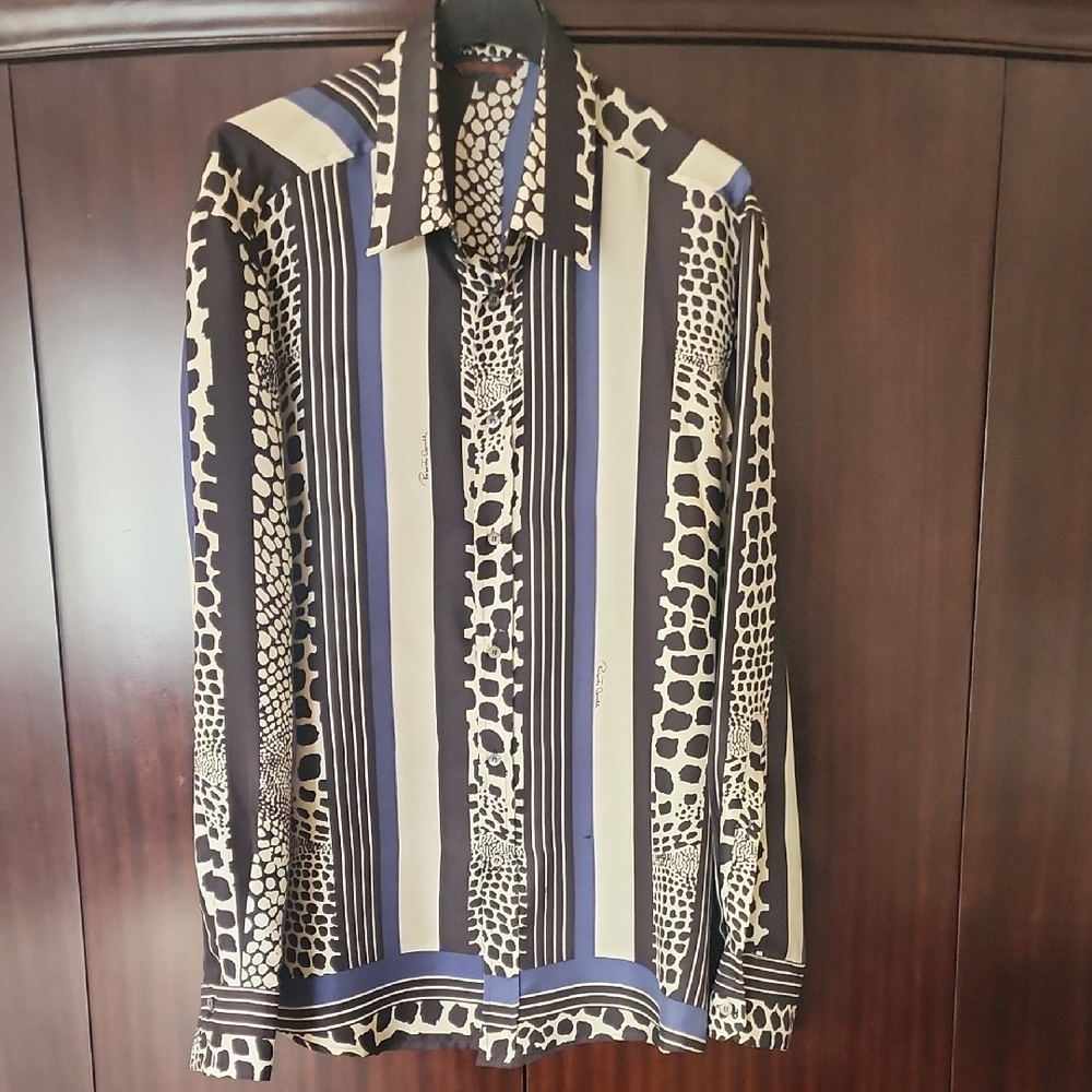 Roberto Cavalli Black and Cream Patterned Button Down Shirt